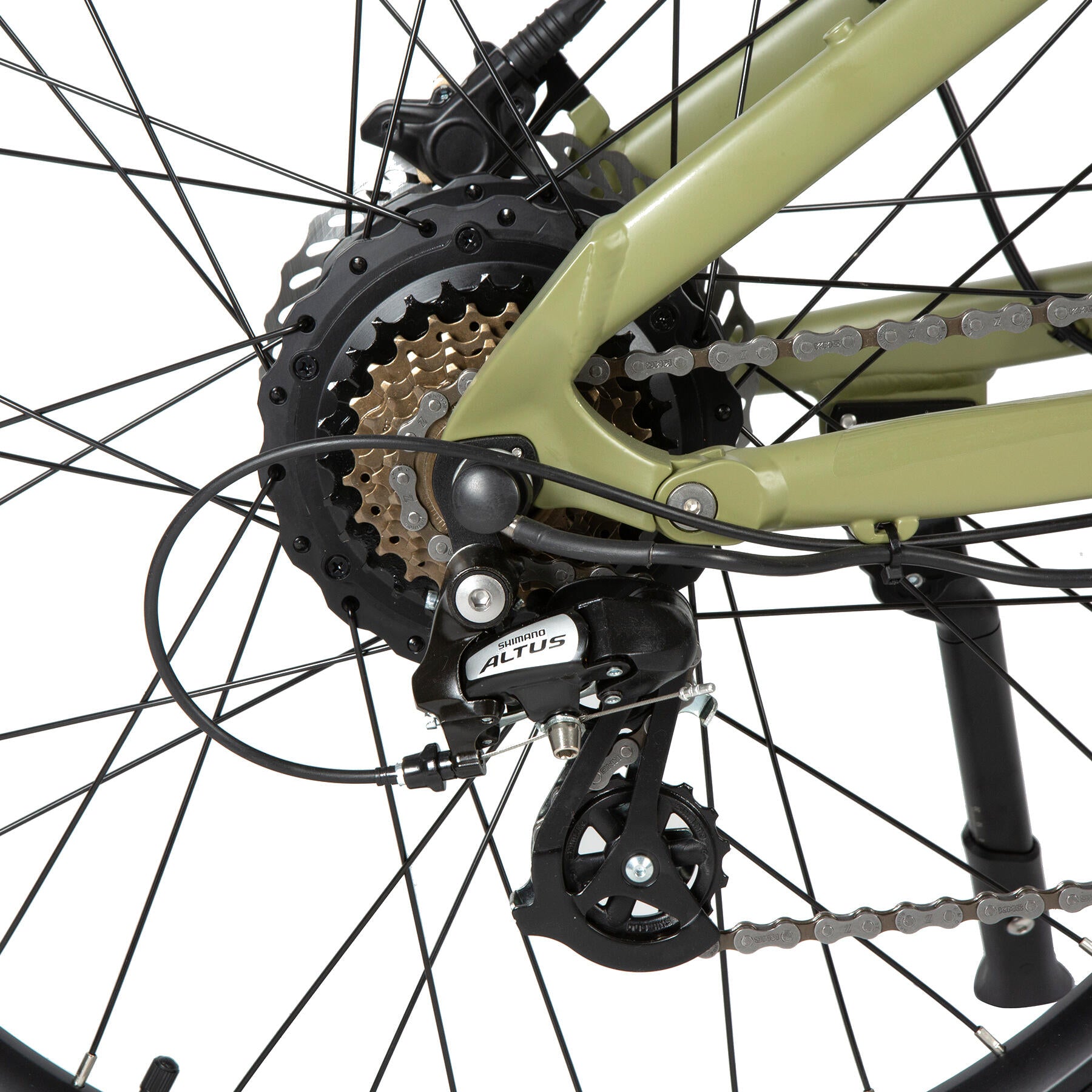 Eunorau Defender electric fat tire bike rear wheel with Shimano Altus cassette and derailleur.
