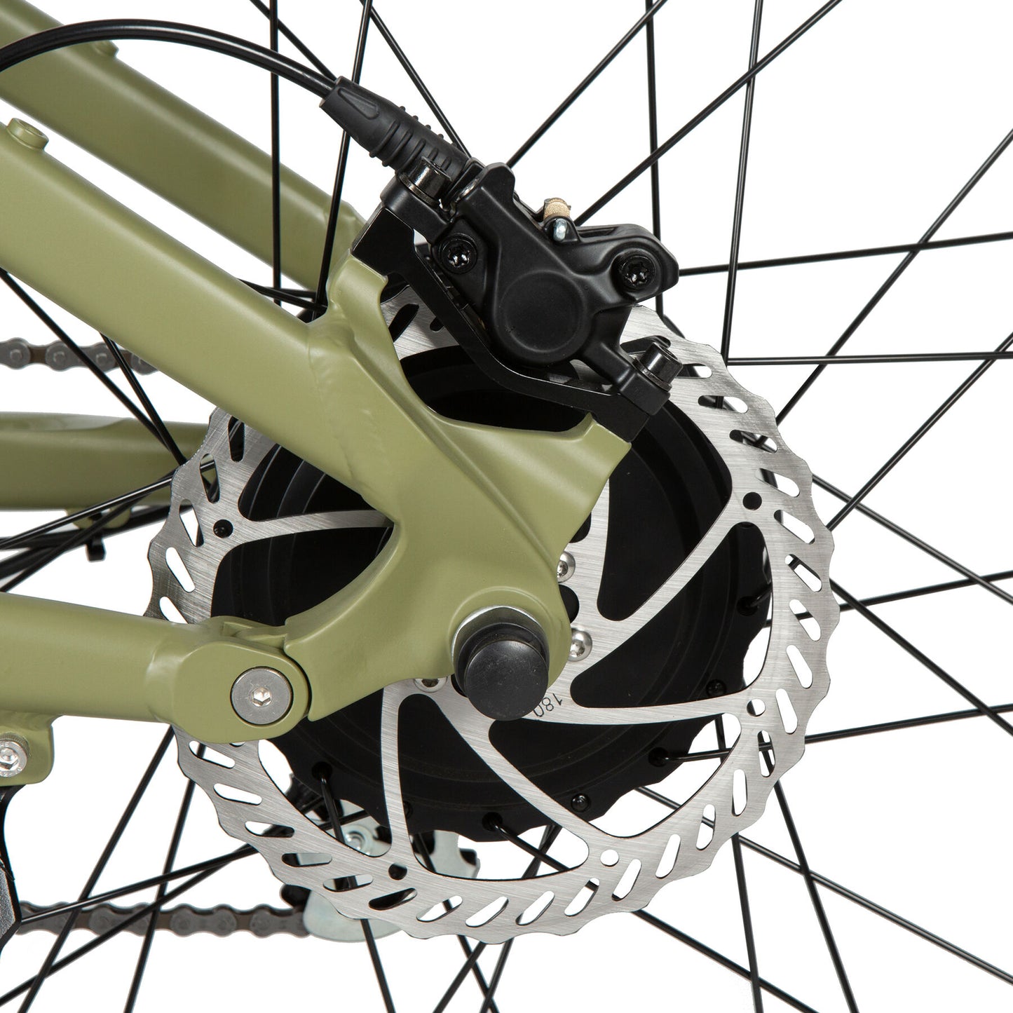 Eunorau Defender electric fat tire bike rear wheel with disc brake and motor hub.
