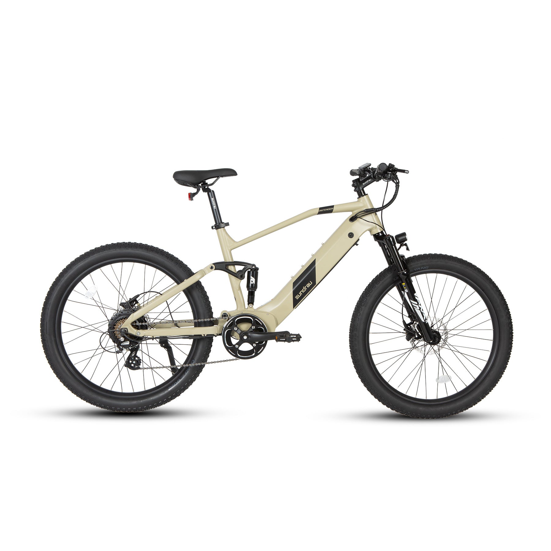 Eunorau Defender electric fat tire bike full left side profile view in cream color with fat tires.
