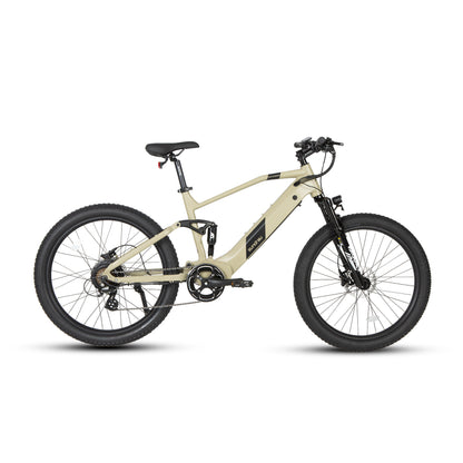 Eunorau Defender electric fat tire bike full left side profile view in cream color with fat tires.
