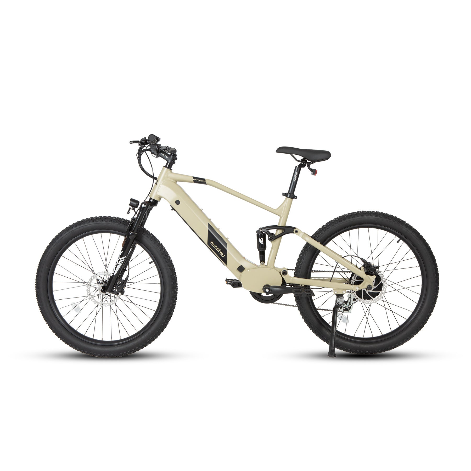 Eunorau Defender electric fat tire bike side profile view in safari color with full suspension.
