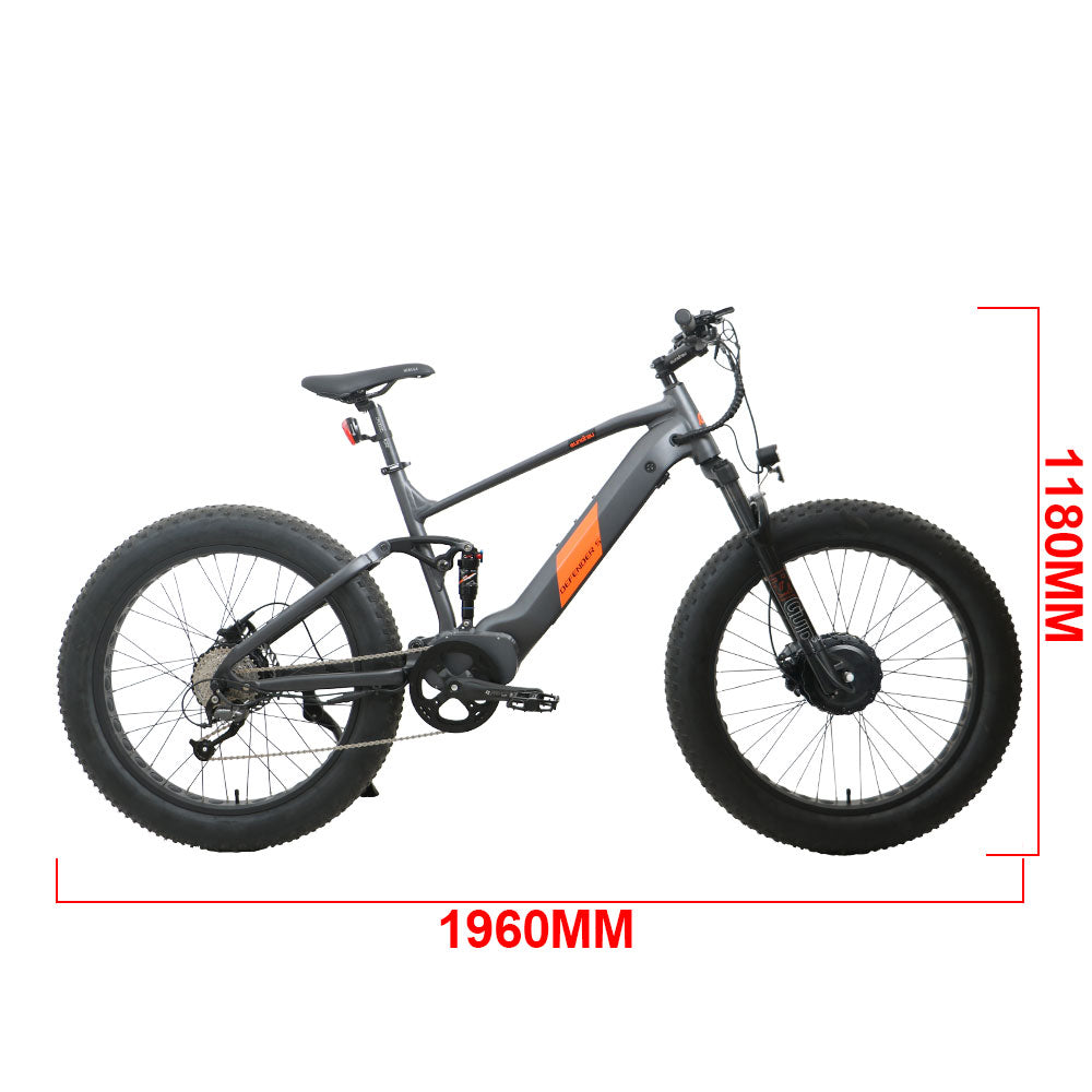 Eunorau Defender-S electric bike side view with dimensions labeled 1960mm length and 1180mm height

