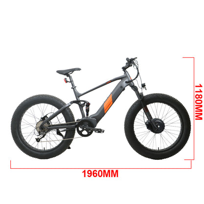 Eunorau Defender-S electric bike side view with dimensions labeled 1960mm length and 1180mm height
