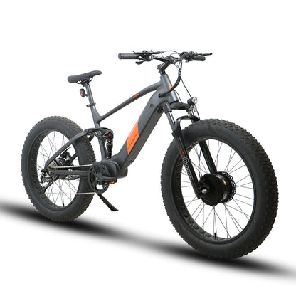 Eunorau Defender-S electric bike front-side angle view with orange details on grey frame and battery cover
