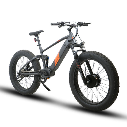 Eunorau Defender-S electric bike front-side angle view with orange details on grey frame and battery cover
