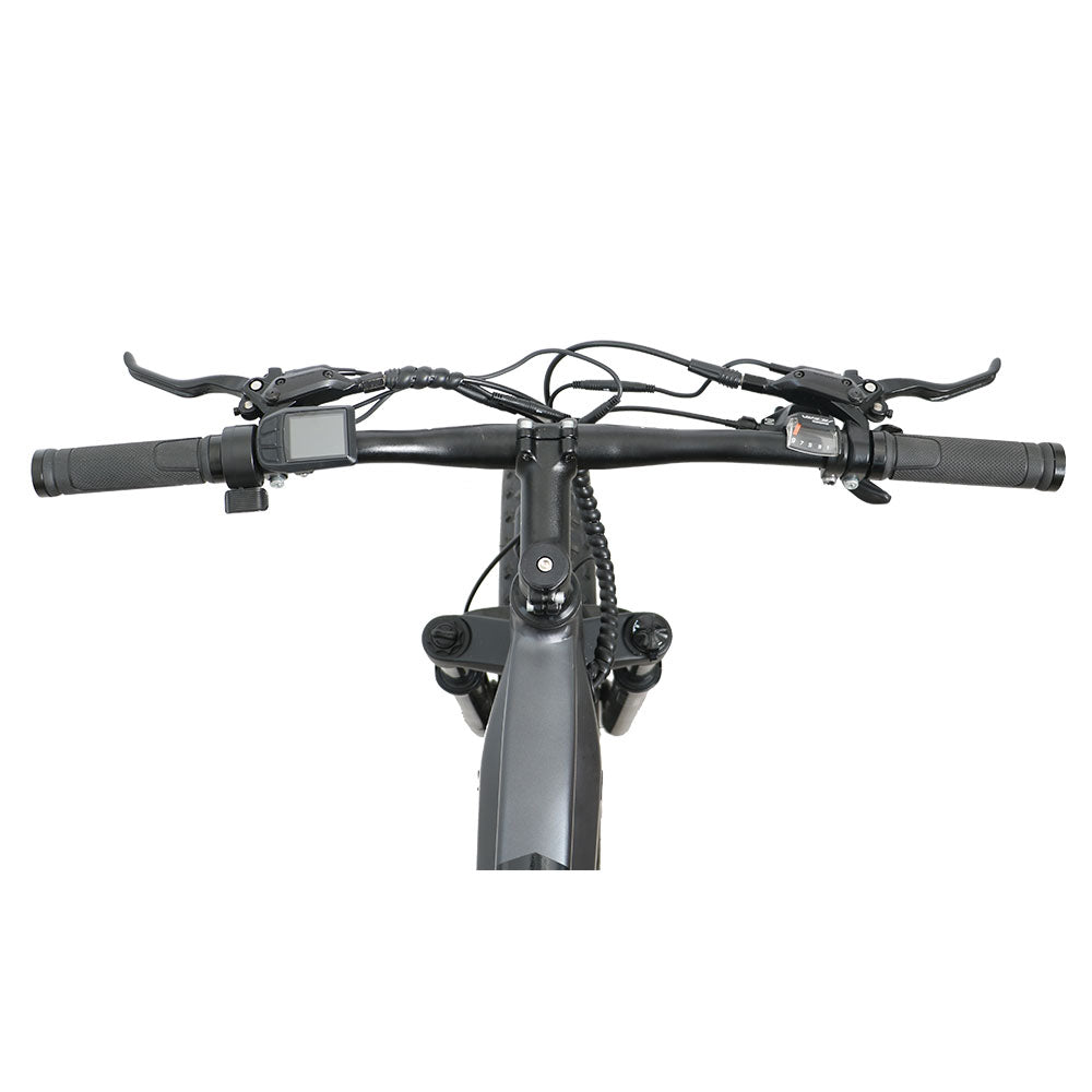 Eunorau Defender-S electric bike top-down view of handlebar with LCD, shifter, and brake levers

