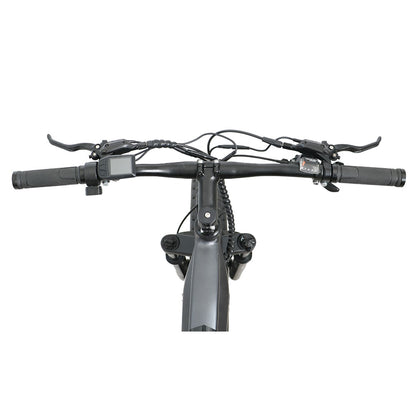 Eunorau Defender-S electric bike top-down view of handlebar with LCD, shifter, and brake levers
