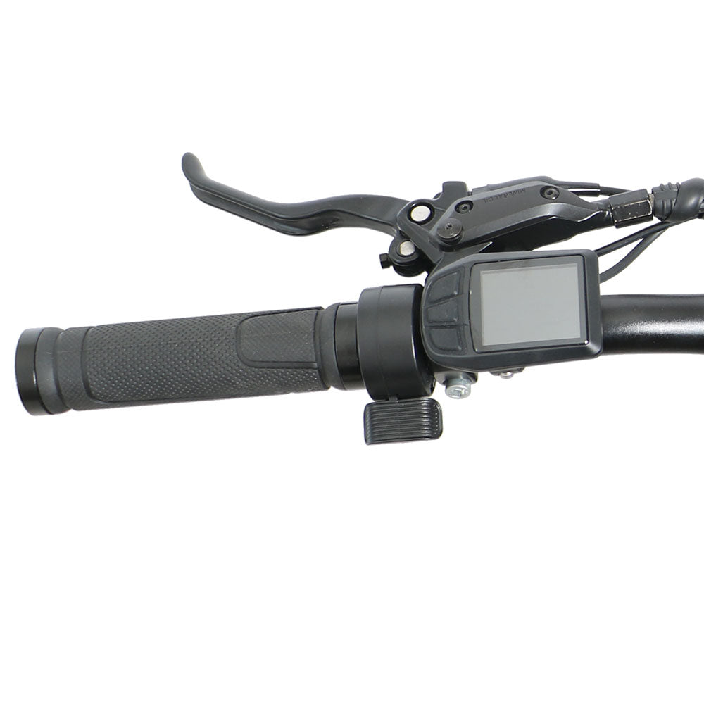 Eunorau Defender-S electric bike left handlebar close-up showing LCD display, brake lever, and throttle