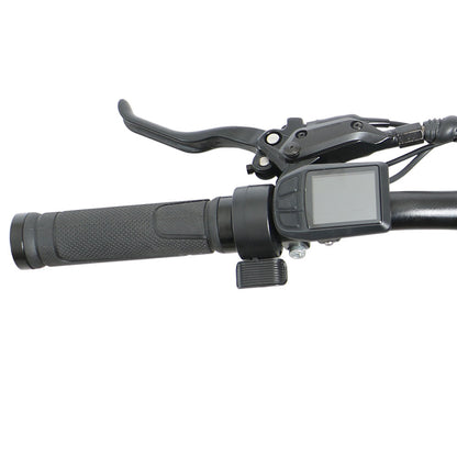 Eunorau Defender-S electric bike left handlebar close-up showing LCD display, brake lever, and throttle