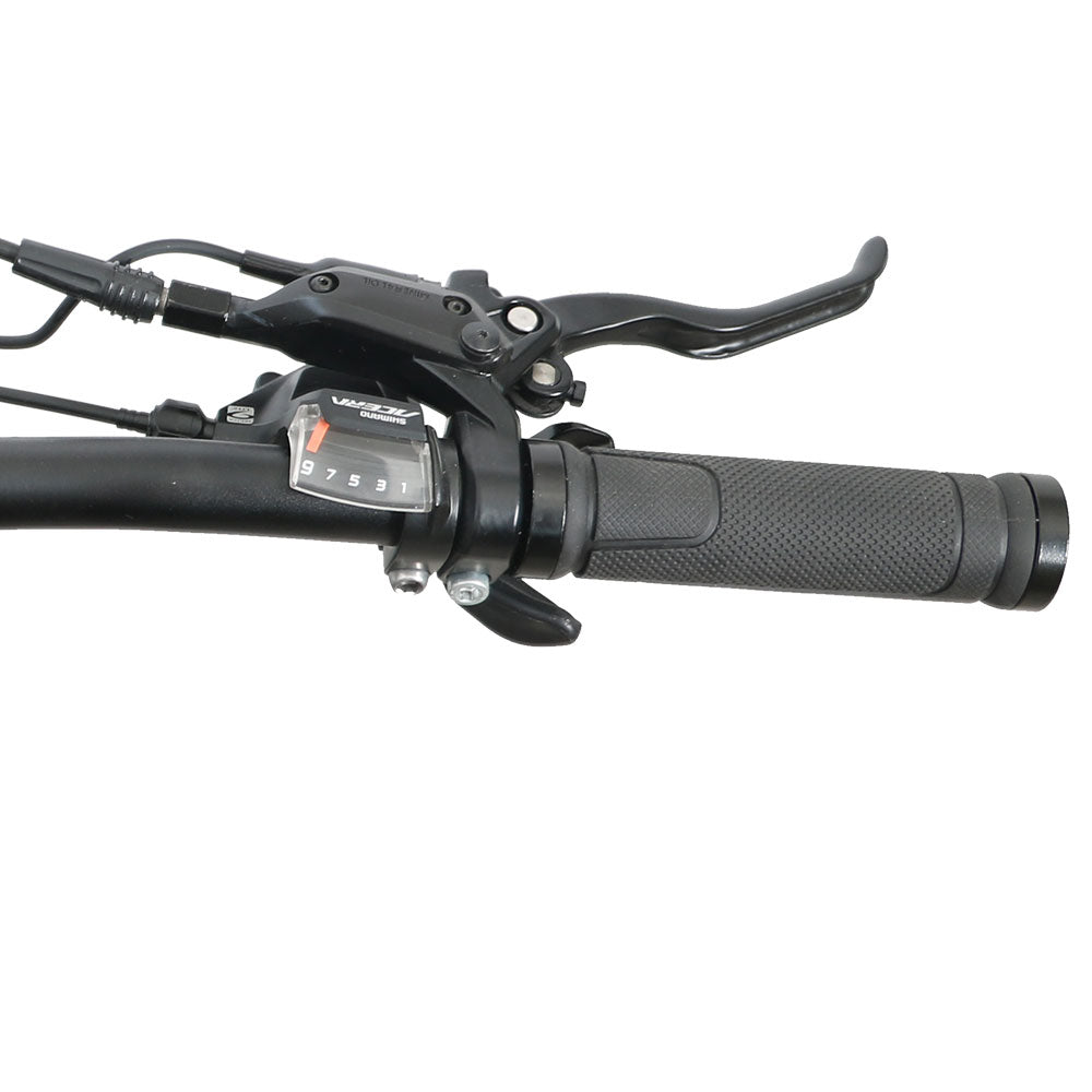Eunorau Defender-S electric bike right handlebar close-up showing brake lever and Shimano gear shifter