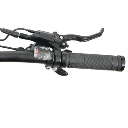 Eunorau Defender-S electric bike right handlebar close-up showing brake lever and Shimano gear shifter
