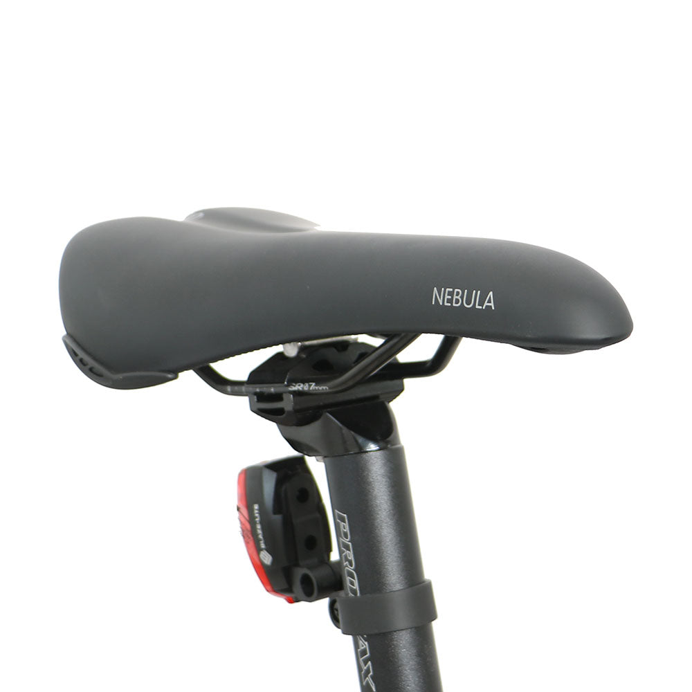 Eunorau Defender-S electric bike close-up of seatpost showing Nebula saddle and attached rear light
