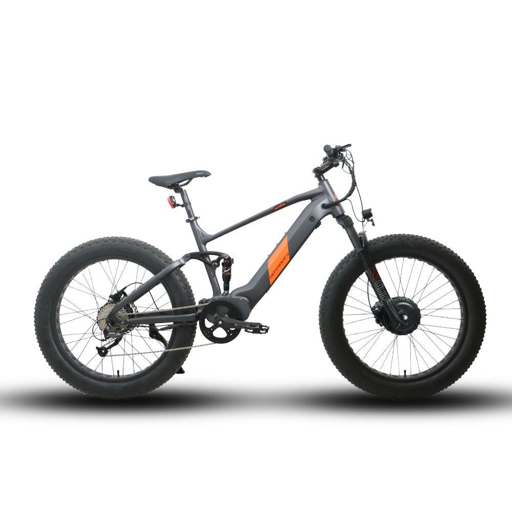 Eunorau Defender-S electric fat tire bike side profile view with grey frame and orange logo.