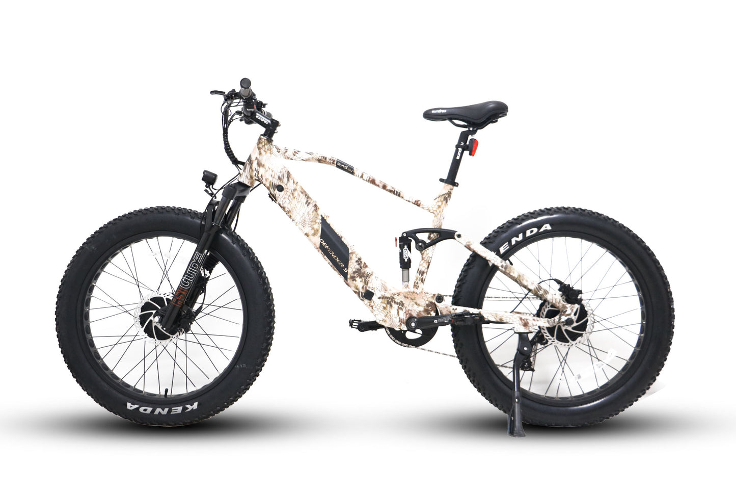 Eunorau Defender-S electric fat tire bike side profile view showing black frame and drive train.
