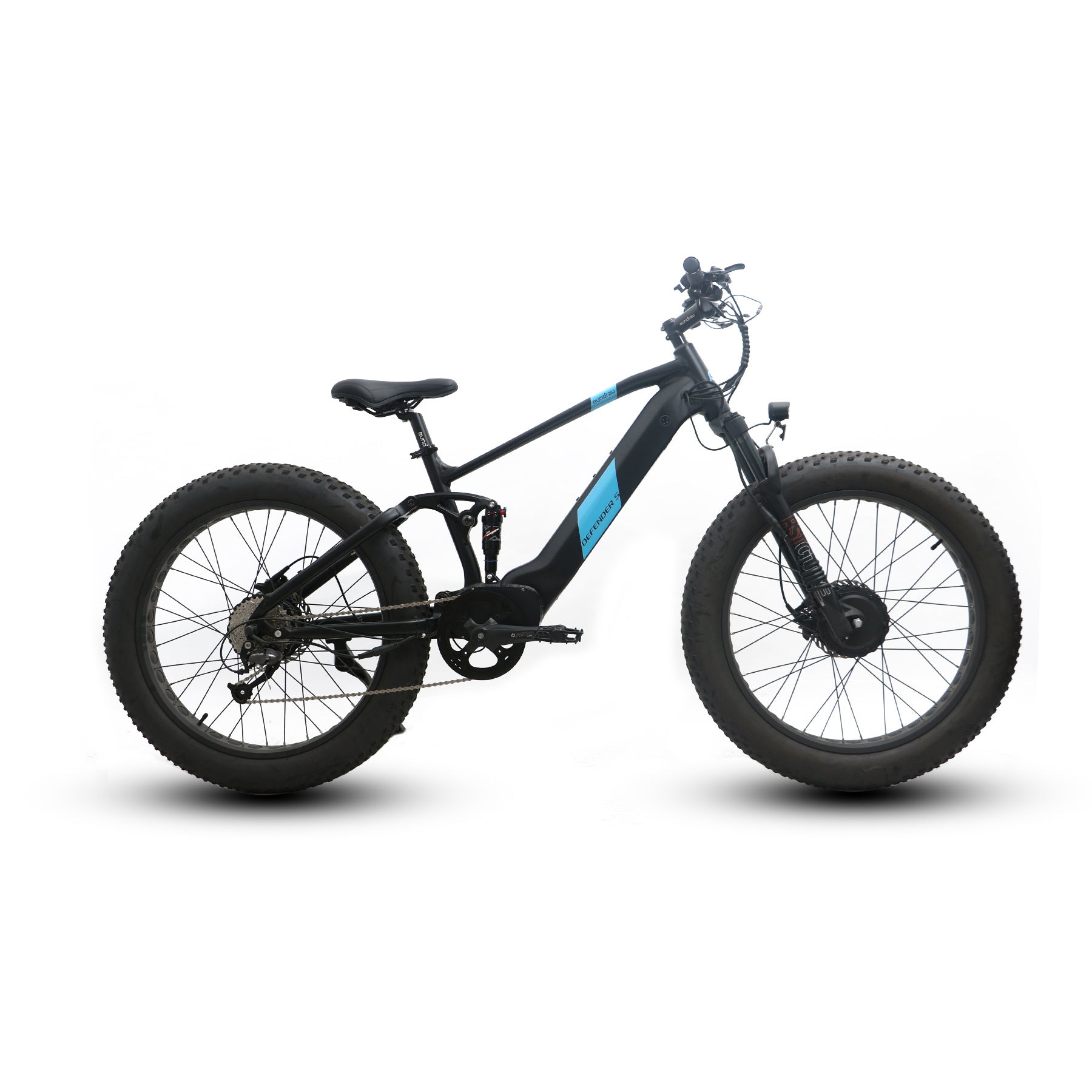 Eunorau Defender-S electric fat tire bike side profile view with black frame, fat tires, and visible gears.
