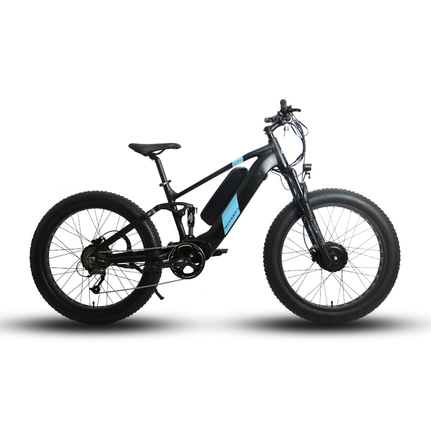 Eunorau Defender-S electric fat tire bike side profile view with black frame, fat tires, and handlebars.
