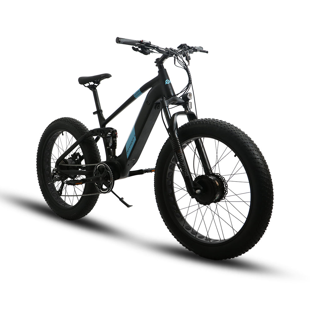 Eunorau Defender-S electric fat tire bike side profile view from the rear with fat tires and black frame.
