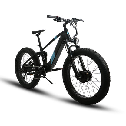 Eunorau Defender-S electric fat tire bike side profile view from the rear with fat tires and black frame.
