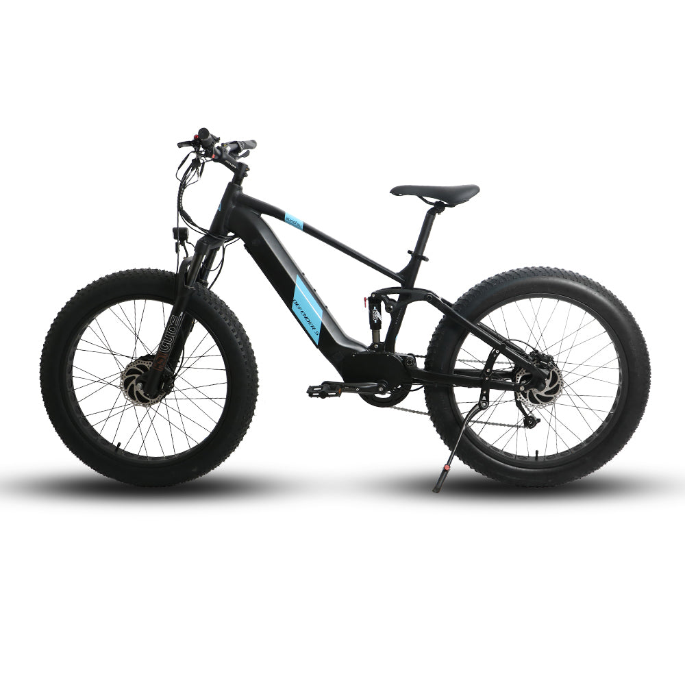 Eunorau Defender-S electric fat tire bike side profile view with black frame and fat tires.
