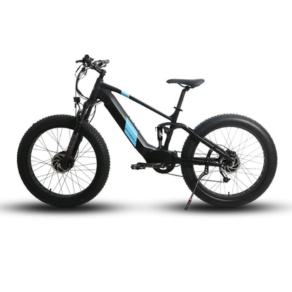 Eunorau Defender-S electric fat tire bike side profile view with black frame and fat tires.
