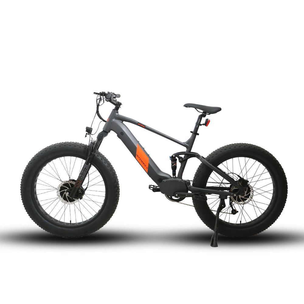Eunorau Defender-S electric fat tire bike side profile view with gray frame and fat tires.
