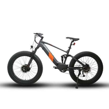 Eunorau Defender-S electric fat tire bike side profile view with gray frame and fat tires.
