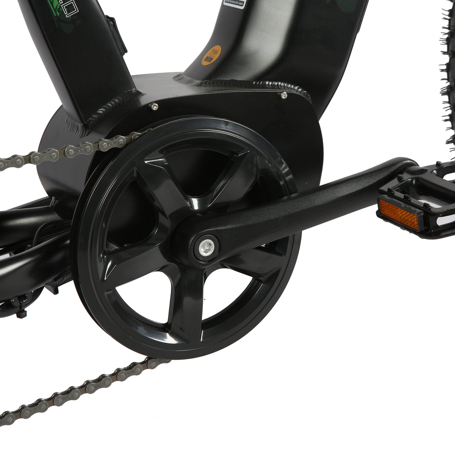Eunorau FAT AWD 2.0 electric bike crankset and chainring close-up, showing black plastic guard and chain.
