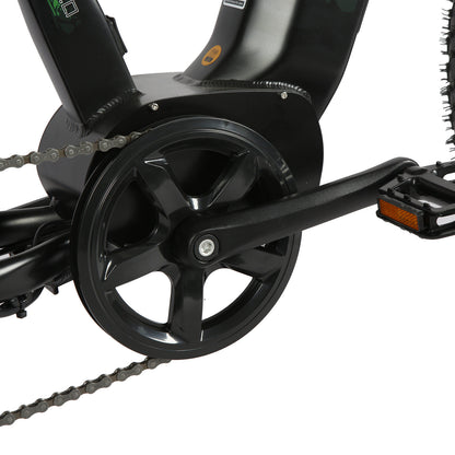 Eunorau FAT AWD 2.0 electric bike crankset and chainring close-up, showing black plastic guard and chain.

