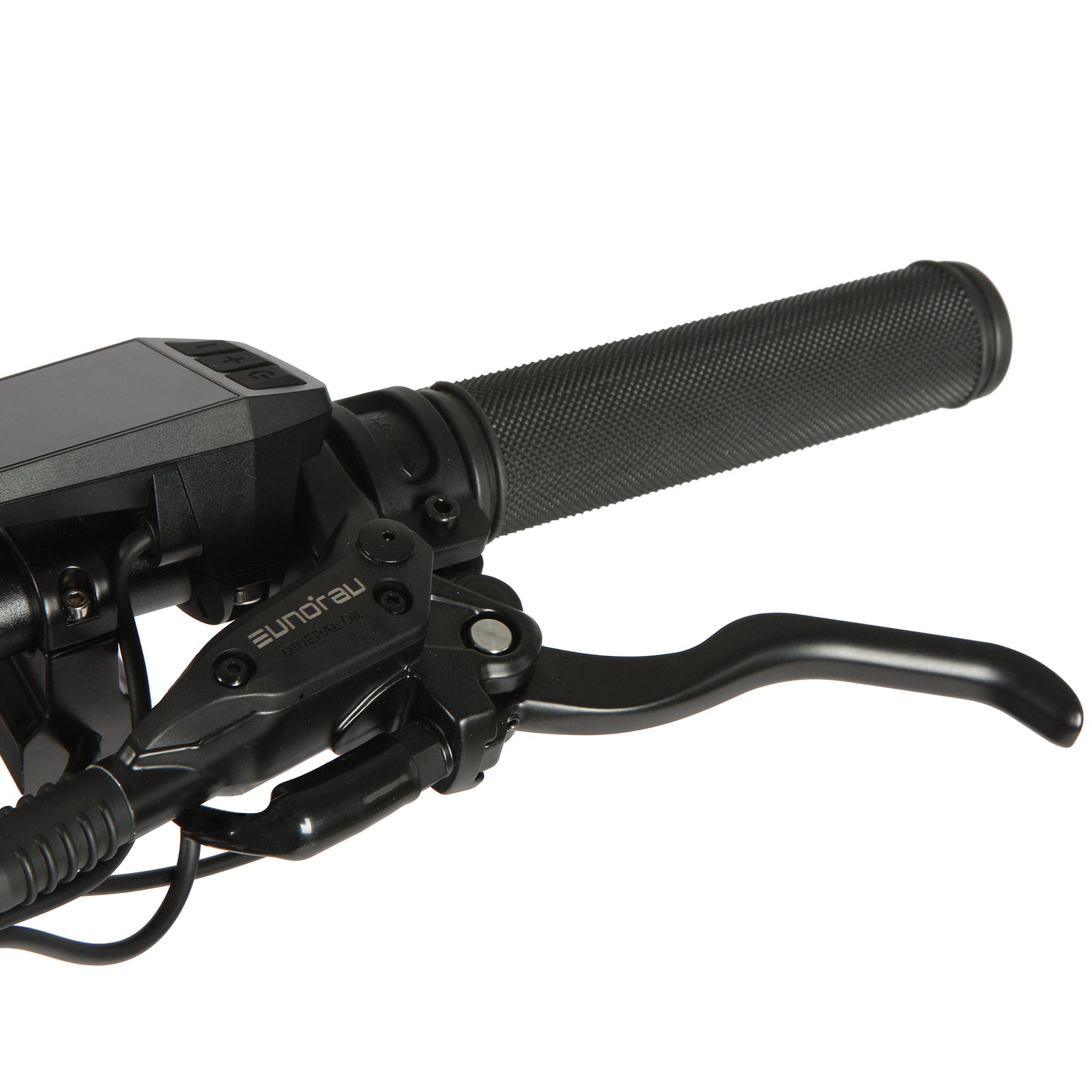 Eunorau FAT AWD 2.0 electric bike, close-up of right handlebar with brake lever, grip, and control display.
