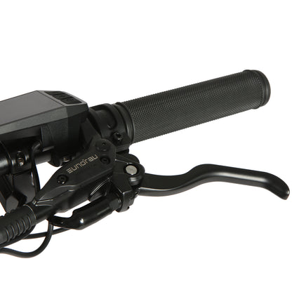Eunorau FAT AWD 2.0 electric bike, close-up of right handlebar with brake lever, grip, and control display.
