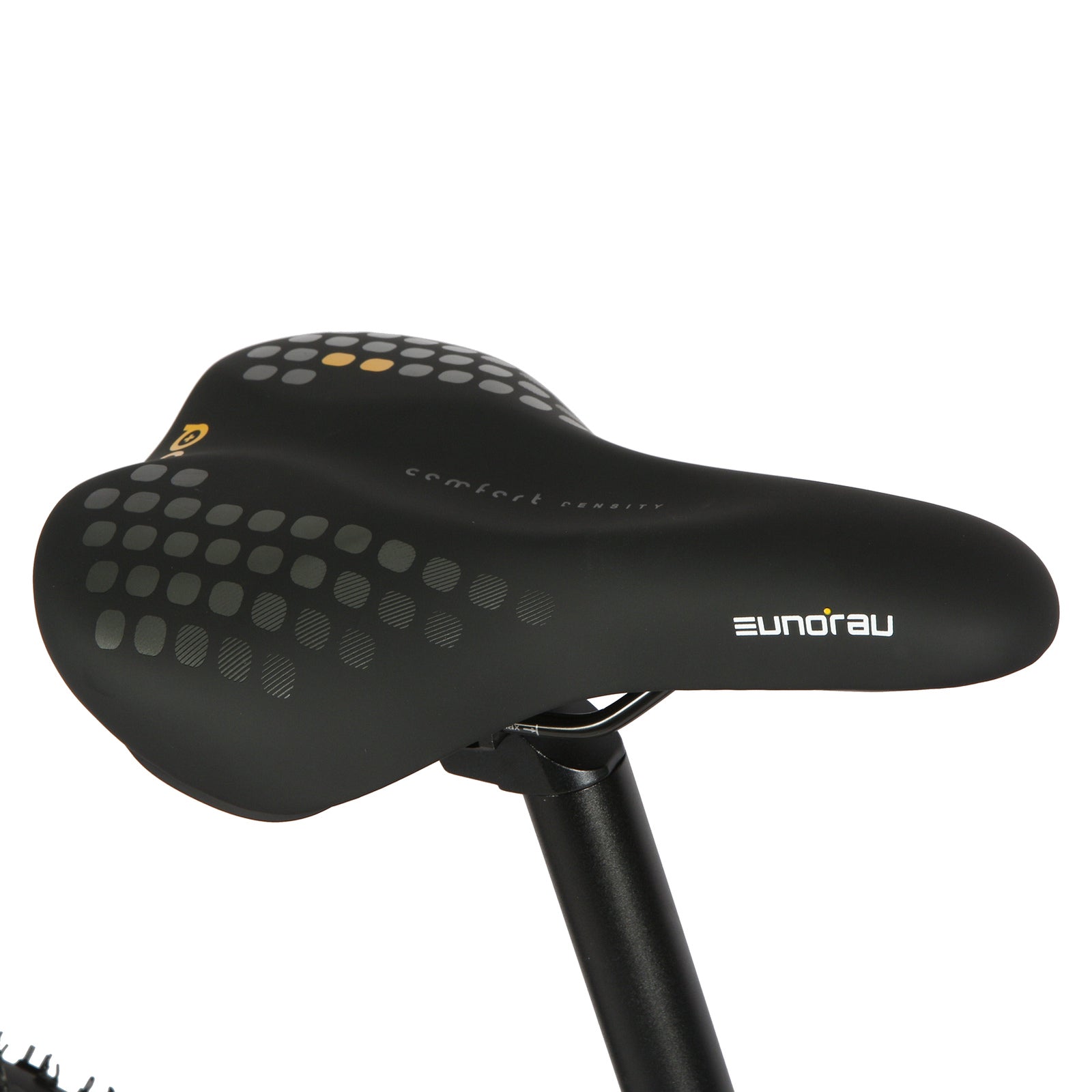 Eunorau FAT AWD 2.0 electric bike saddle close-up showing comfort padding, printed graphics, and seat post.
