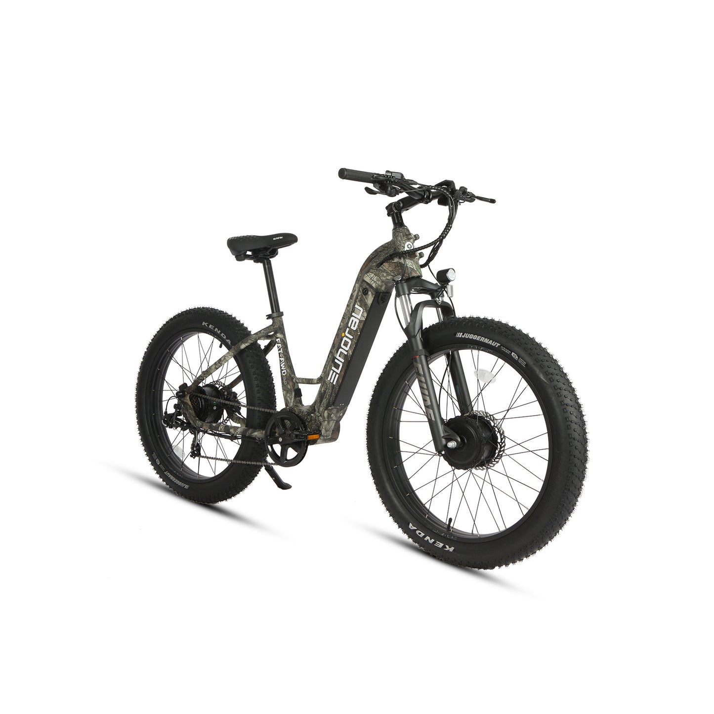 Eunorau FAT AWD 2.0 electric bike, camouflage version in front three-quarter studio view.
