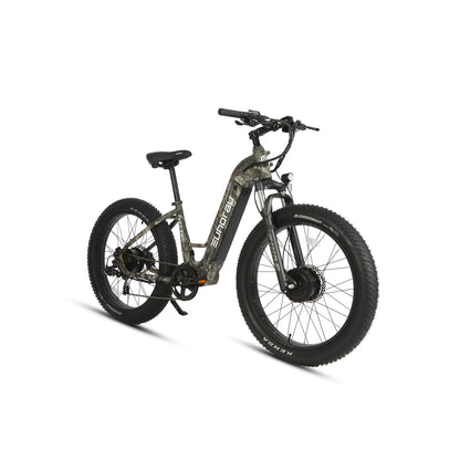 Eunorau FAT AWD 2.0 electric bike, camouflage version in front three-quarter studio view.