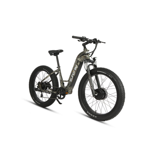 Eunorau FAT AWD 2.0 electric bike, camouflage version in front three-quarter studio view.