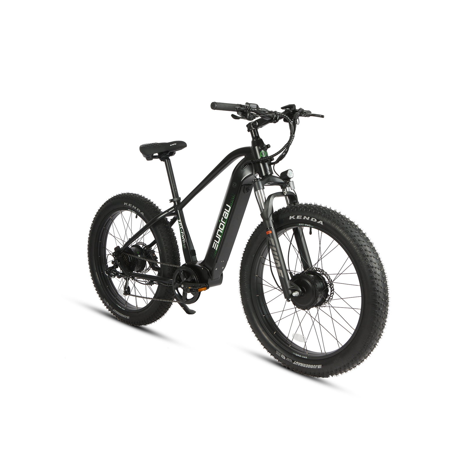 Eunorau FAT AWD 2.0 electric bike, front three-quarter studio view showing front fork and handlebars.
