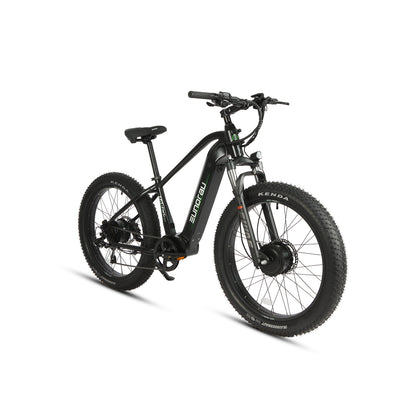 Eunorau FAT AWD 2.0 electric bike, front three-quarter studio view showing front fork and handlebars.

