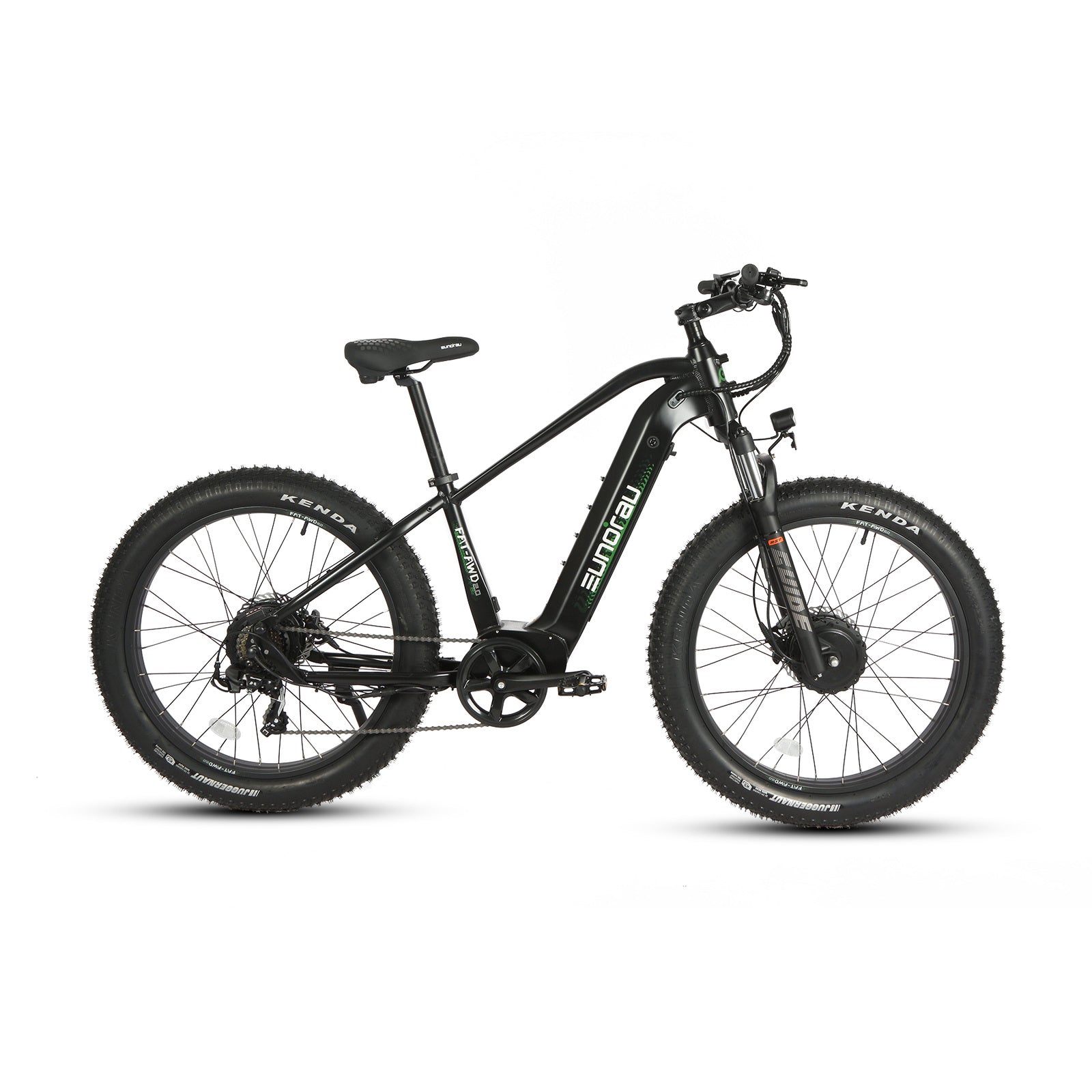 Eunorau FAT AWD 2.0 electric bike, left side view showing wide tires, front fork, and frame details.
