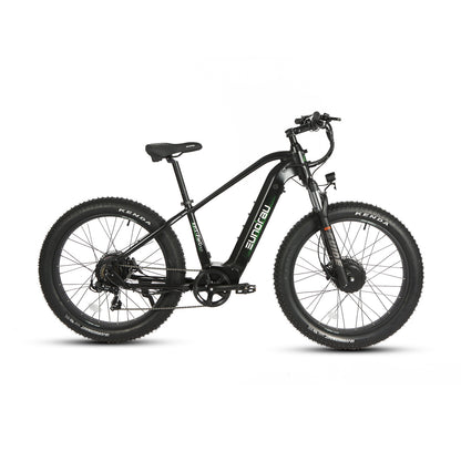 Eunorau FAT AWD 2.0 electric bike, left side view showing wide tires, front fork, and frame details.
