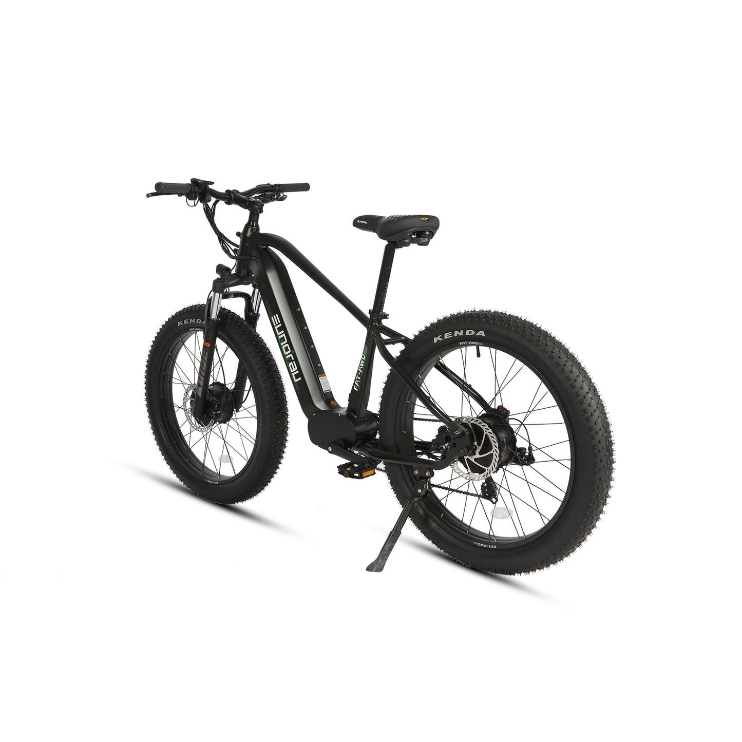 Eunorau FAT AWD 2.0 electric bike, rear three-quarter studio view showing drivetrain and kickstand.
