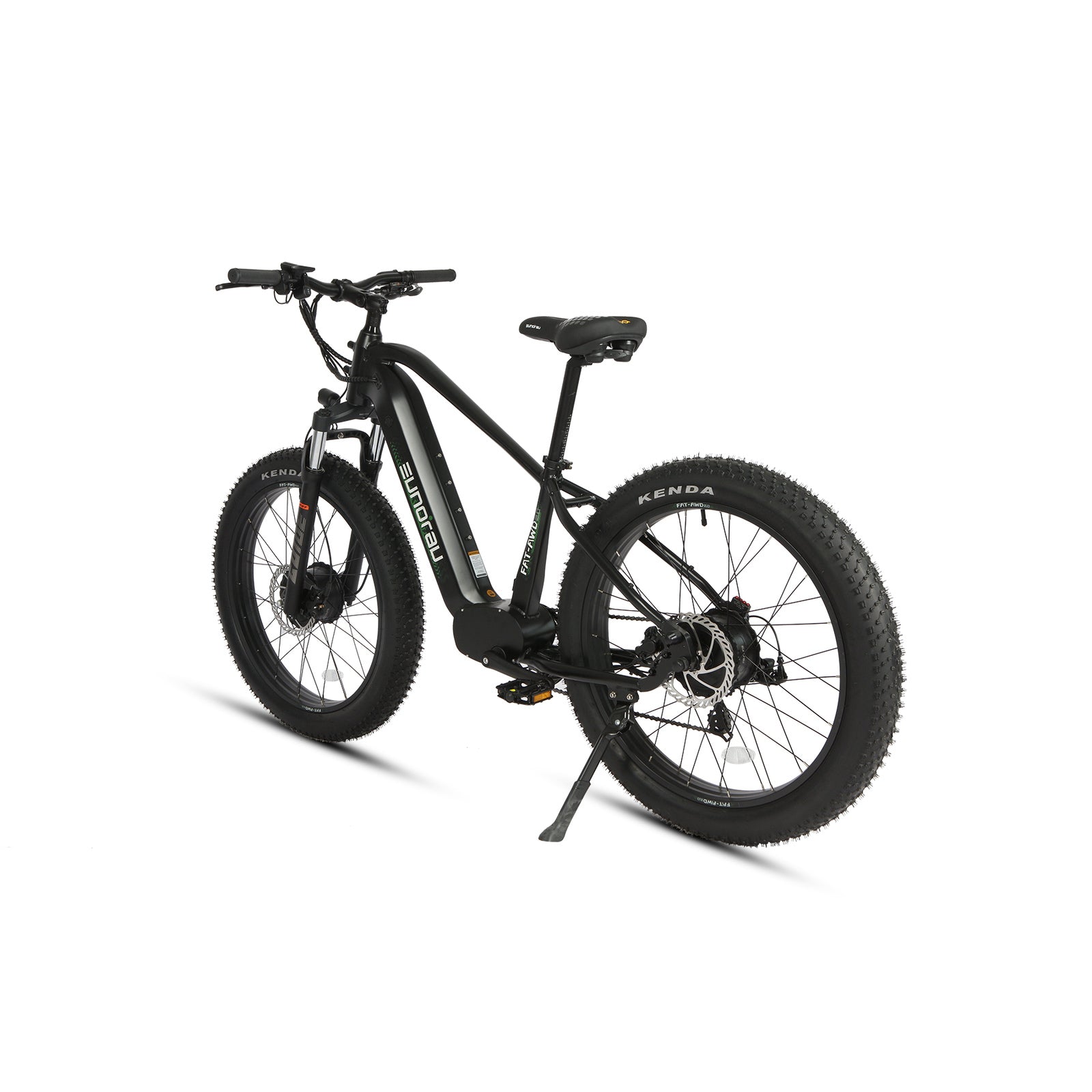 Eunorau FAT AWD 2.0 electric bike, rear three-quarter studio view showing drivetrain and kickstand.
