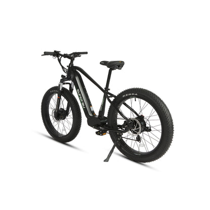 Eunorau FAT AWD 2.0 electric bike, rear three-quarter studio view showing drivetrain and kickstand.
