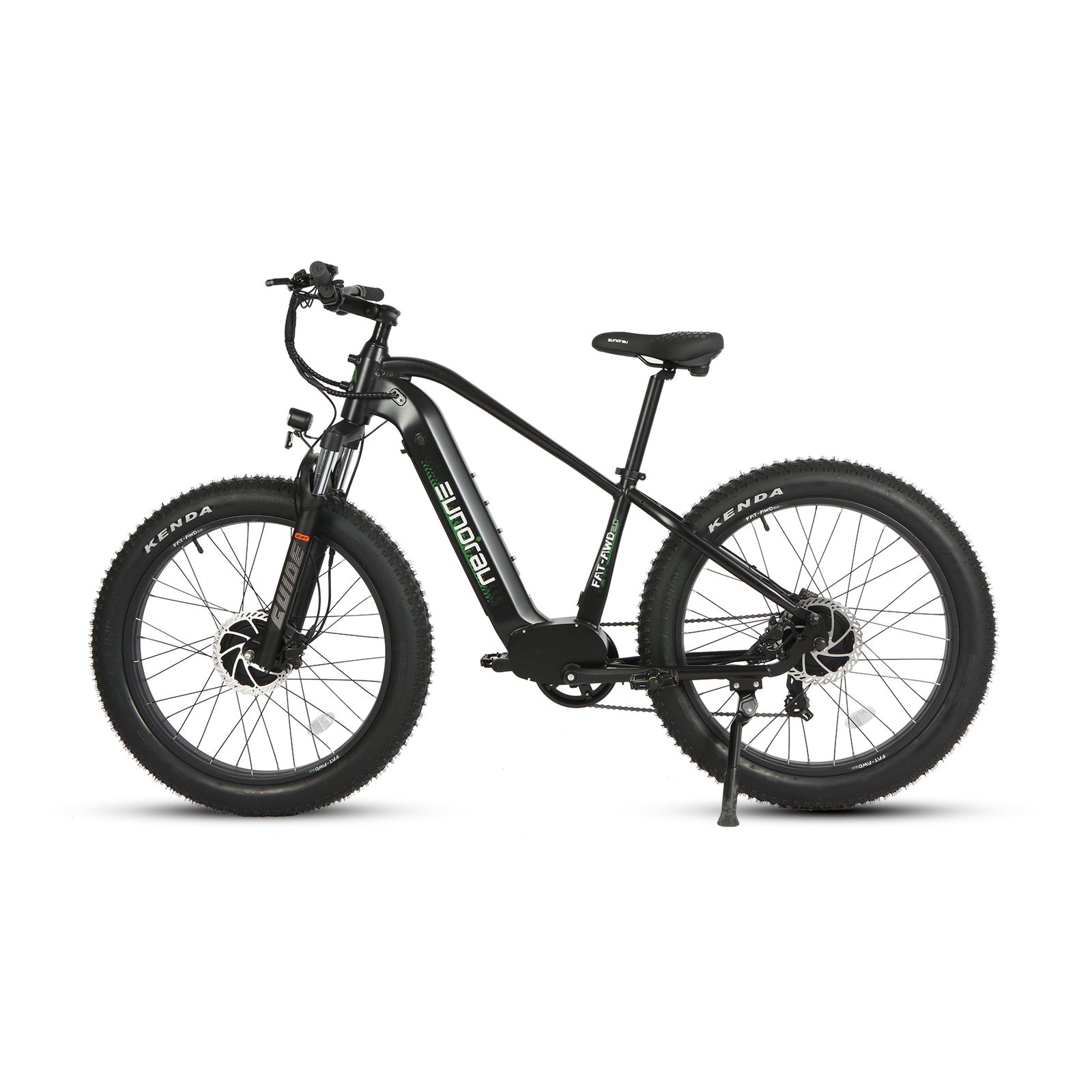Eunorau FAT AWD 2.0 electric bike, side view highlighting large tires, pedal, and frame details.
