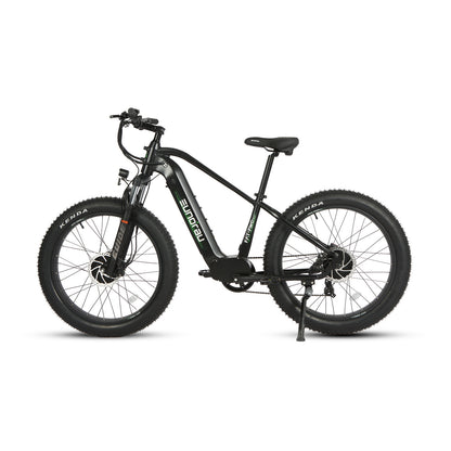Eunorau FAT AWD 2.0 electric bike, side view highlighting large tires, pedal, and frame details.
