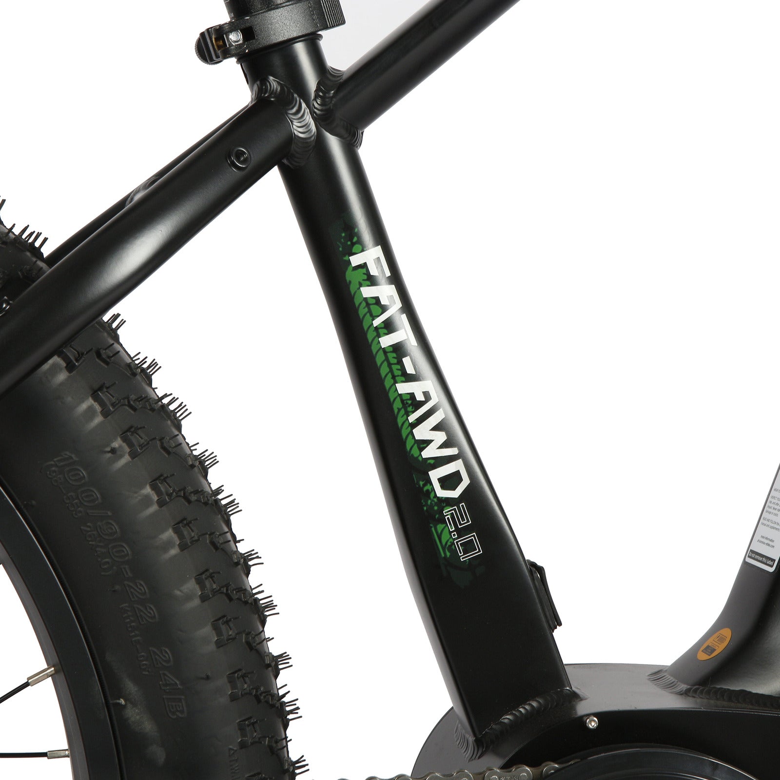 Eunorau FAT AWD 2.0 fat tire e-bike, close-up of the frame showing the “FAT-AWD 2.0” logo and large tire details.
