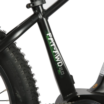 Eunorau FAT AWD 2.0 fat tire e-bike, close-up of the frame showing the “FAT-AWD 2.0” logo and large tire details.
