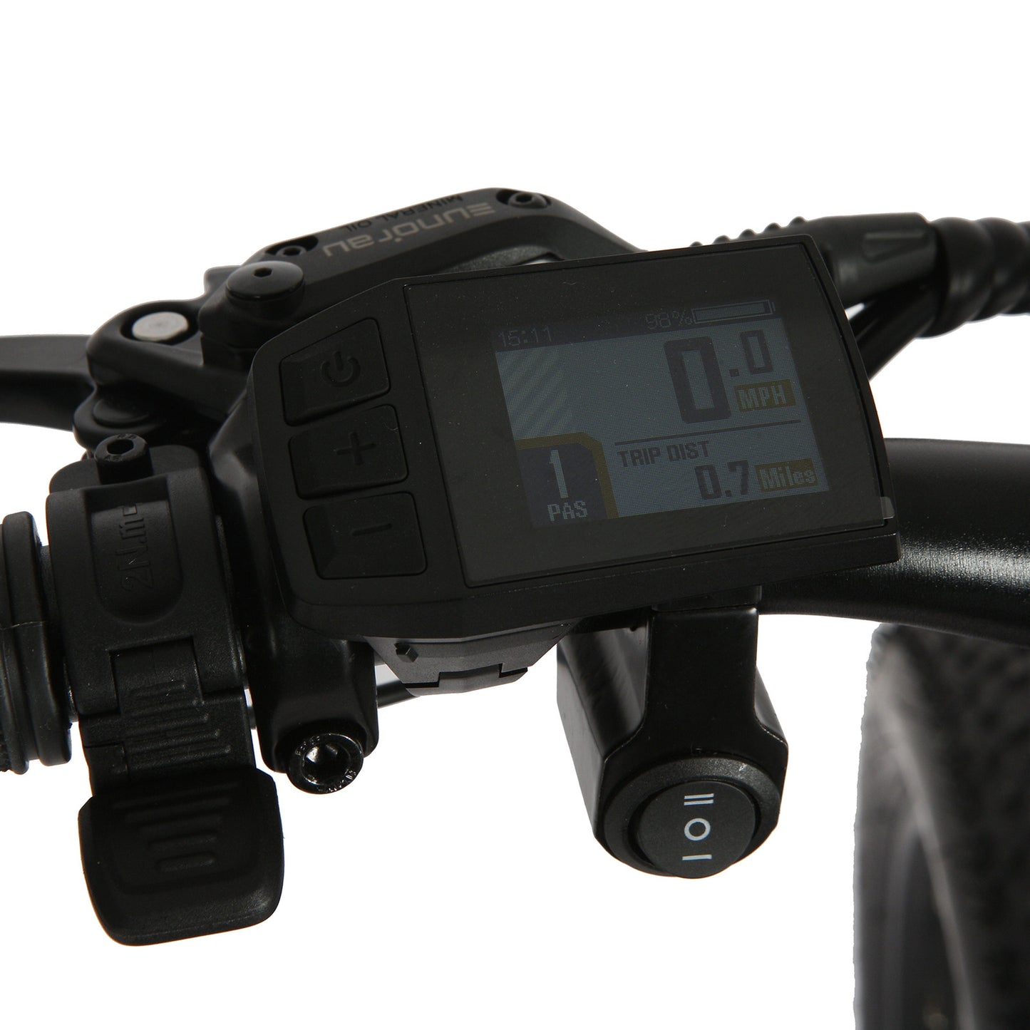 Eunorau FAT AWD 2.0 handlebar control panel close-up showing display with trip and speed data, buttons, and throttle.
