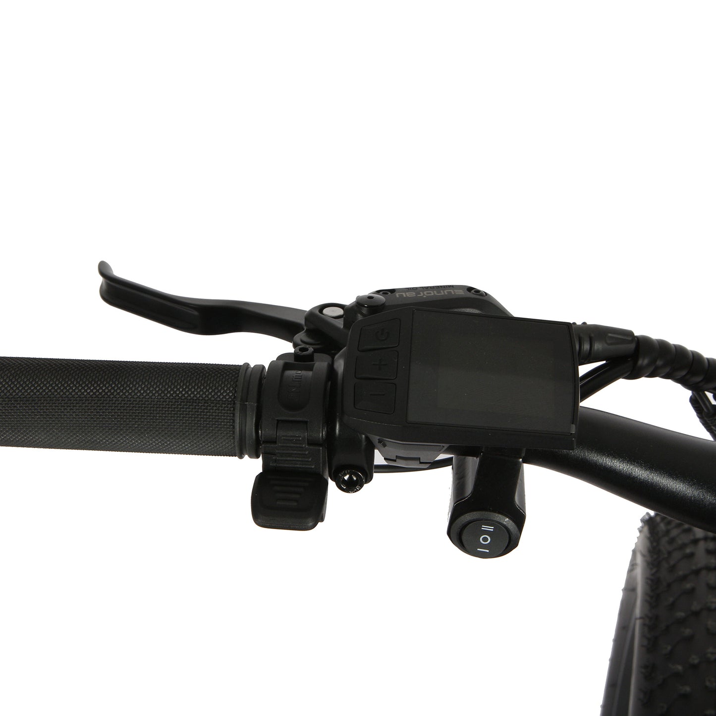 Eunorau FAT AWD 2.0 handlebar control panel close-up showing display, buttons, and throttle on a black handlebar.
