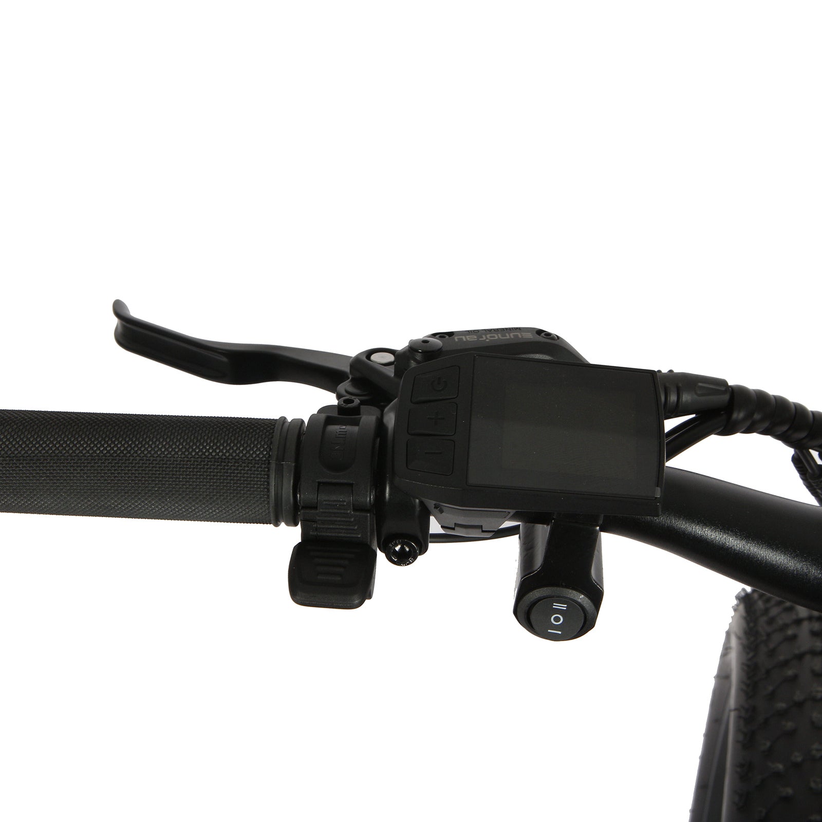 Eunorau FAT AWD 2.0 handlebar control panel close-up showing display, buttons, and throttle on a black handlebar.
