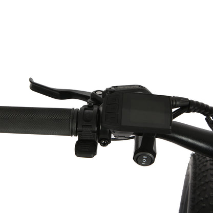 Eunorau FAT AWD 2.0 handlebar control panel close-up showing display, buttons, and throttle on a black handlebar.
