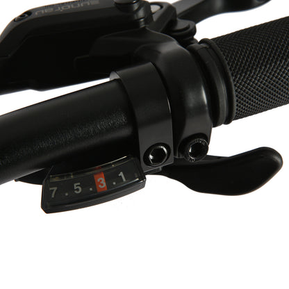 Eunorau FAT AWD 2.0 handlebar shifter showing gear indicator and shift lever on a black handlebar.
